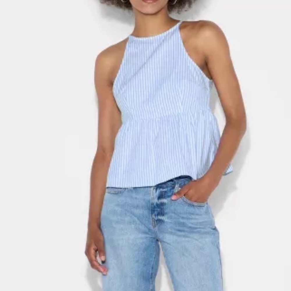 Wild Fable Blue Striped High Neck Babydoll Halter Top - Picture 2 of 6
